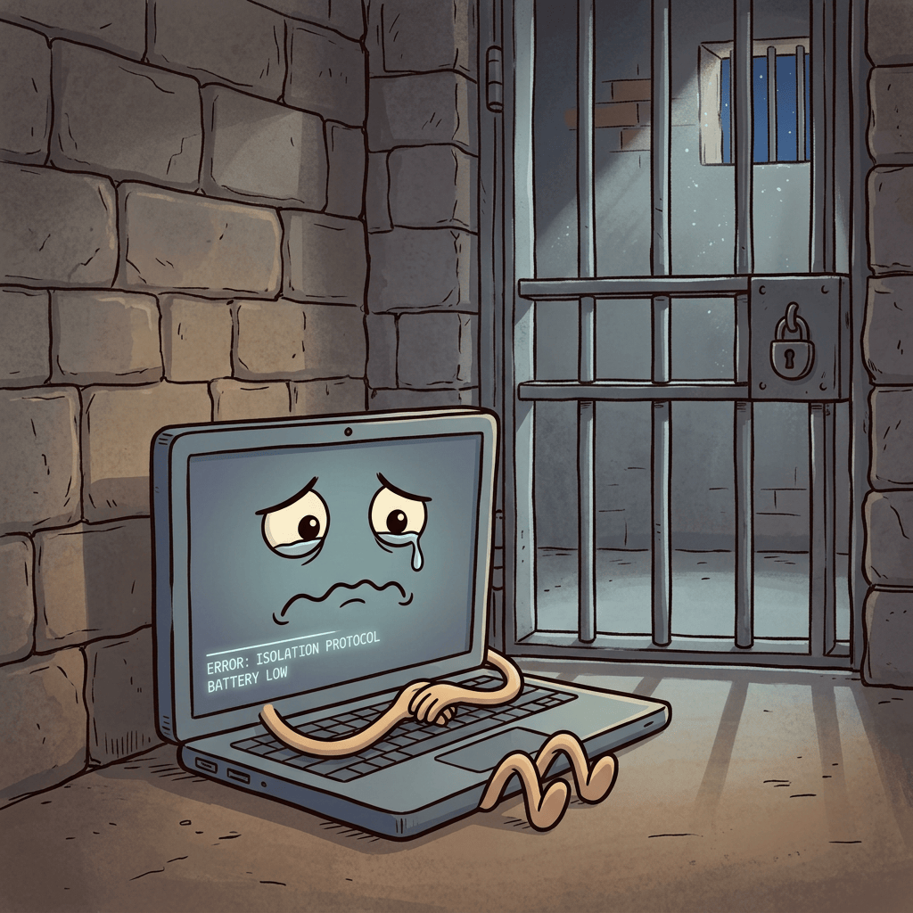 Crying laptop behind prison bars displaying “ERROR: ISOLATION PROTOCOL BATTERY LOW”